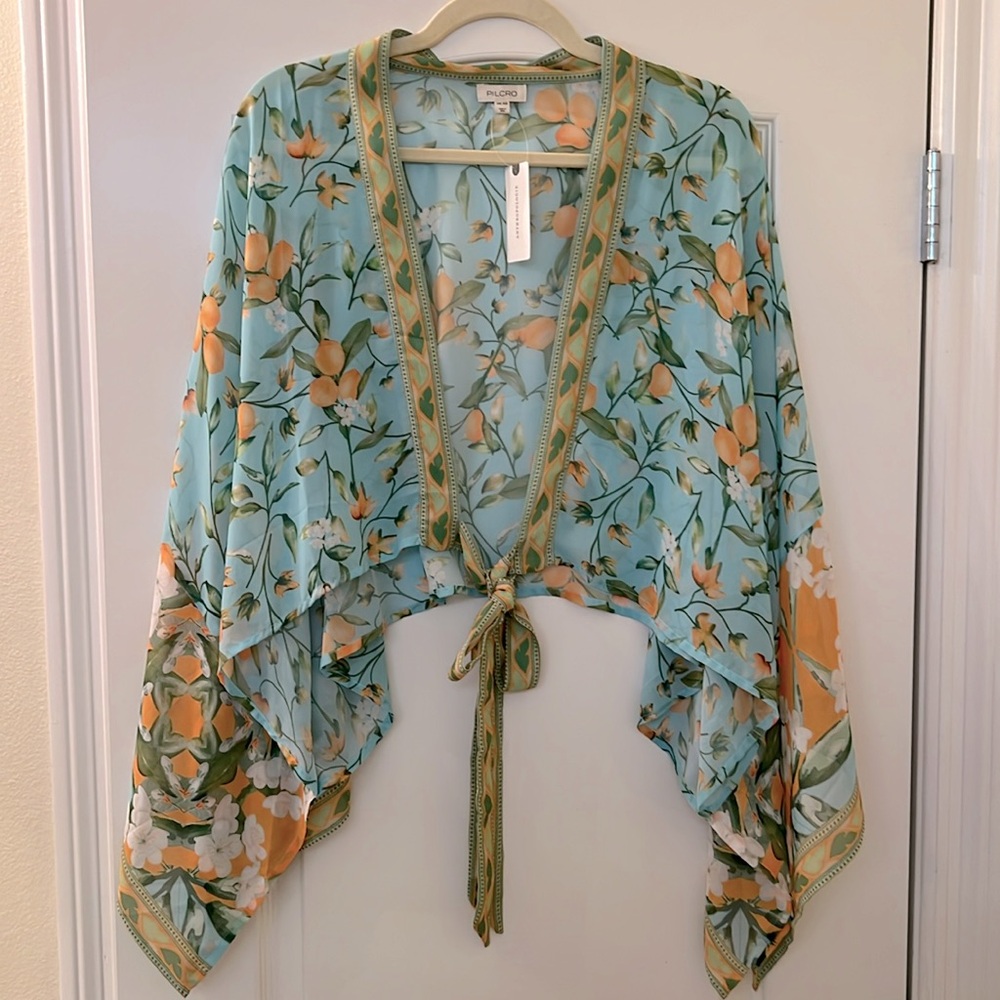 Anthropology Pilcro OS aqua lemon print short Kimono with tie